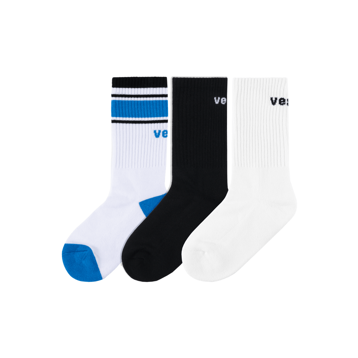 3-Pack Crew Socks - Black/White/Vessi Blue