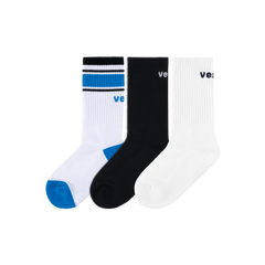 3-Pack Crew Socks - Black/White/Vessi Blue